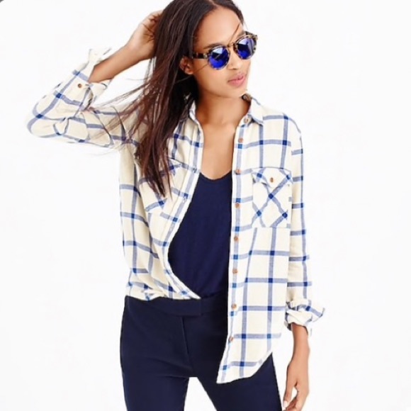 J. Crew Tops - J.crew rockport plaid boyfriend shirt size 10 cream blue